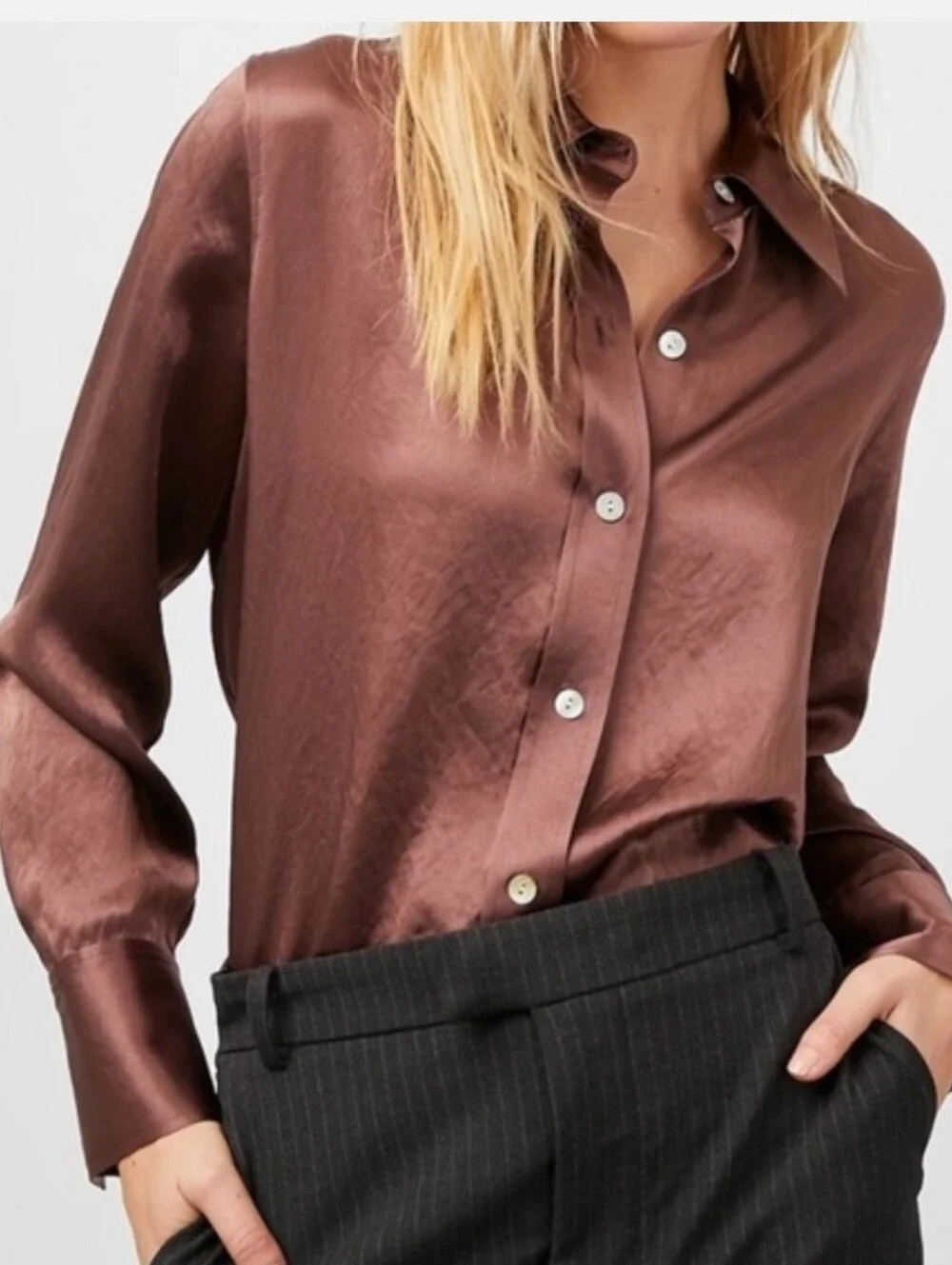 Rails Satin Button-Up Shirt in Chocolate Brown - Picture 1 of 12
